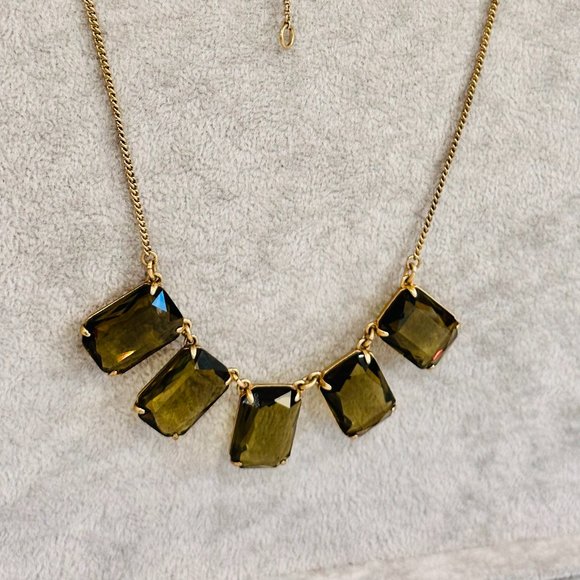 J Crew Necklace with Olive Green Crystals-Gold Tone-19"-21" Length-Like New. - Picture 1 of 10